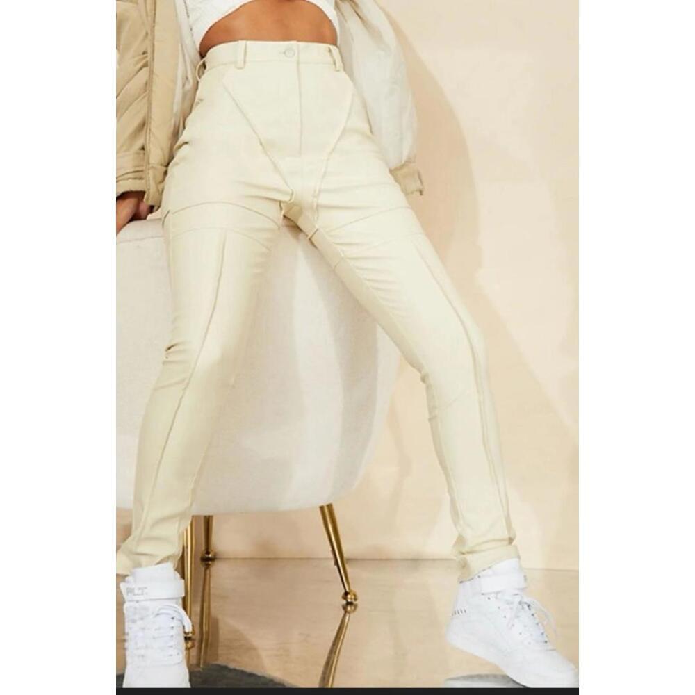 NWT PrettyLittleThing Cream Faux Leather Pants | High Waist size 4